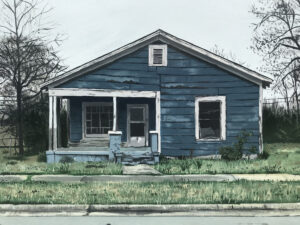 • Joel Boyd, Blue House, Little Rock, 2020, acrylic on canvas, 18 x 24 inches, ph courtesy AMFA